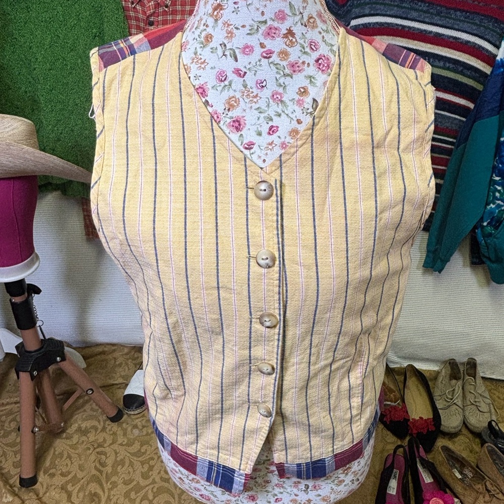 Talbots Yellow Striped Button Down Vest and Skirt